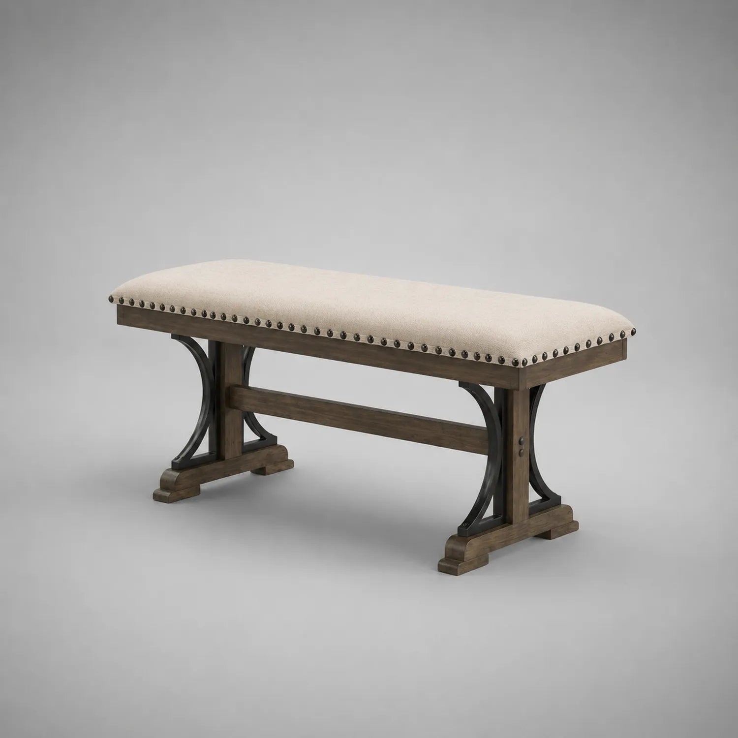 Bank mit Leinenbezug und Metall-Holz-Gestell 140cm Creme
