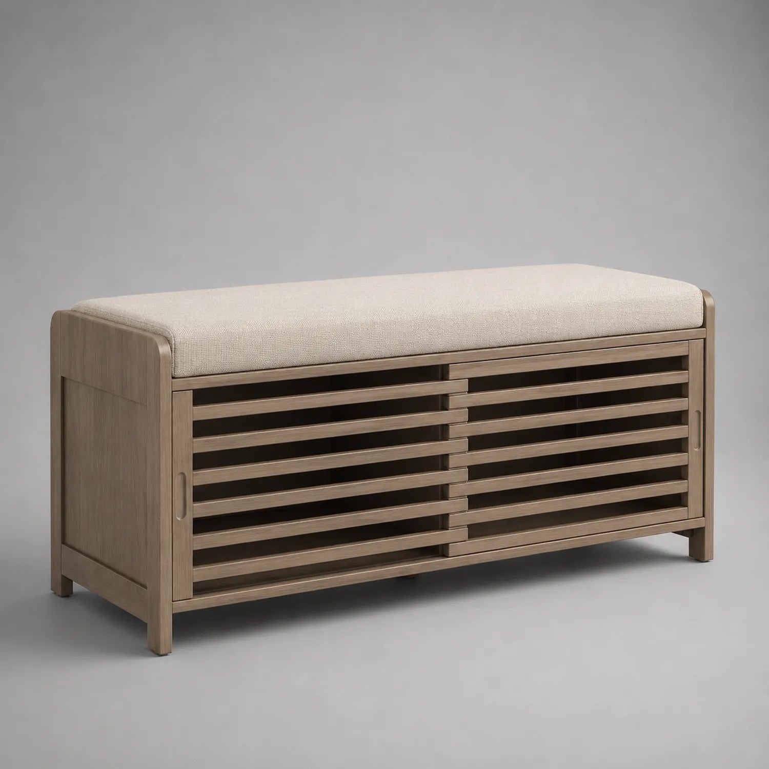 Holzbank mit Polyesterpolsterung in Beige