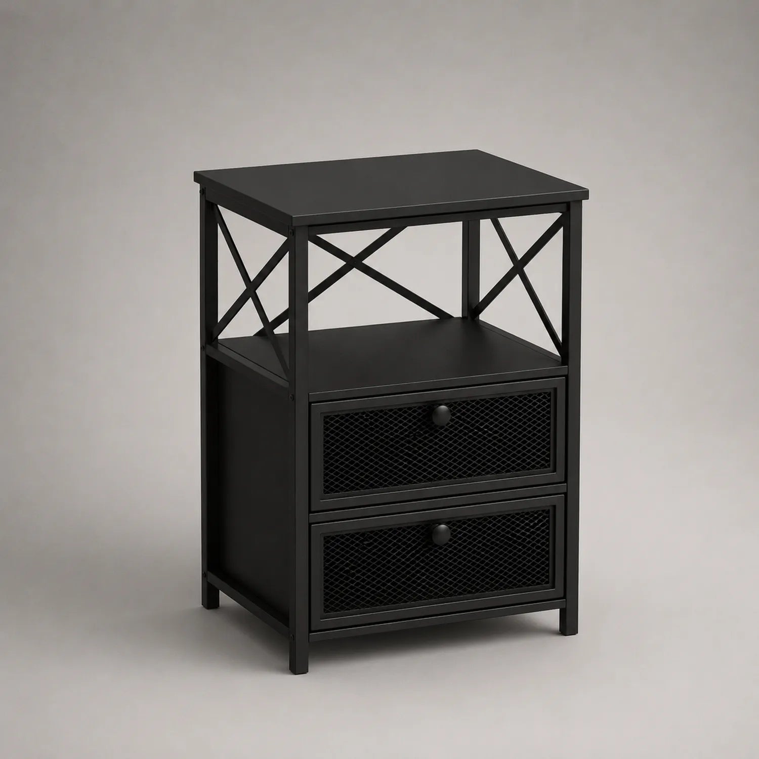 Schwarzer Metall-Nachttisch mit Schubladen 40x30x60 cm