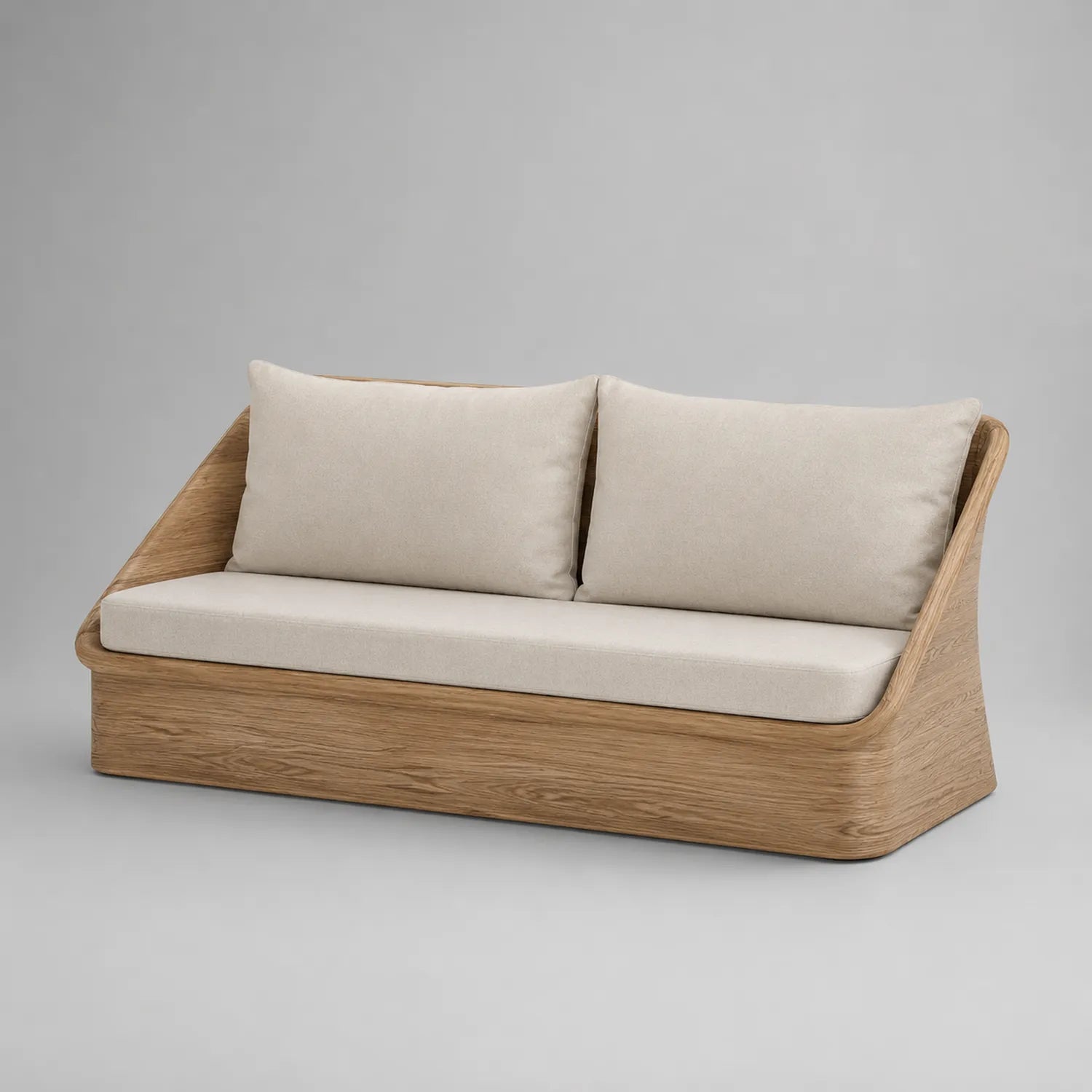 Holz-Sofa mit beige Kissen, 200 cm