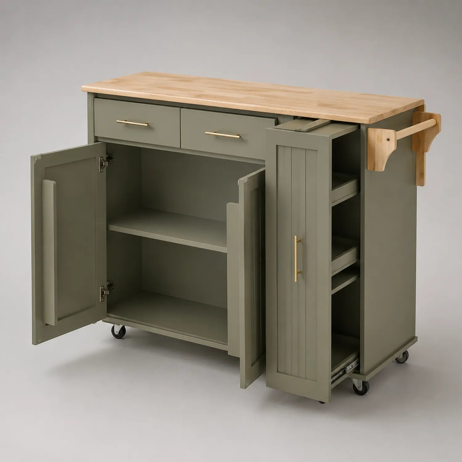 Küchenwagen mit Holzoberfläche und Schubladen Olivgrün 120cm