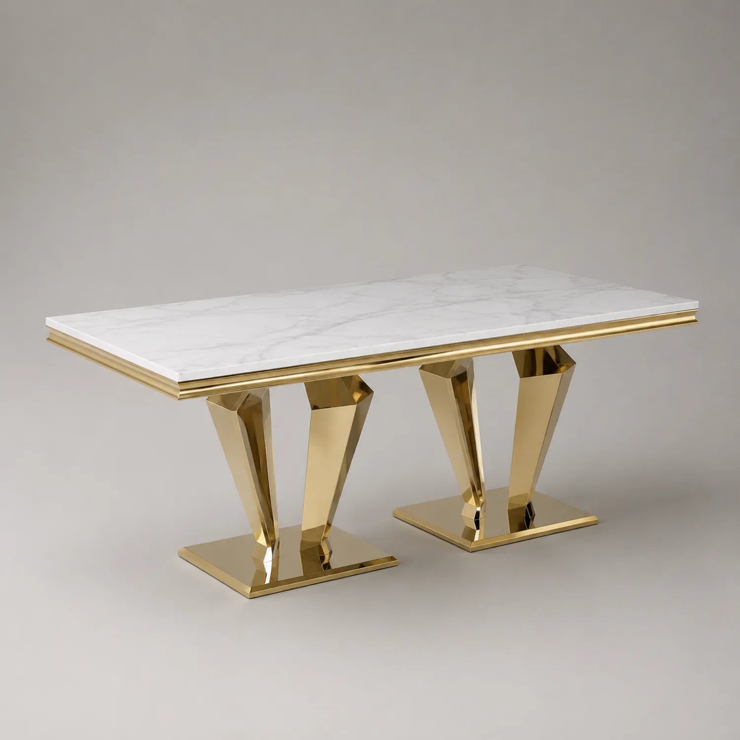 Rechteckiger Esstisch aus Marmor und Edelstahl, 200x90x75 cm, Weiß/Gold