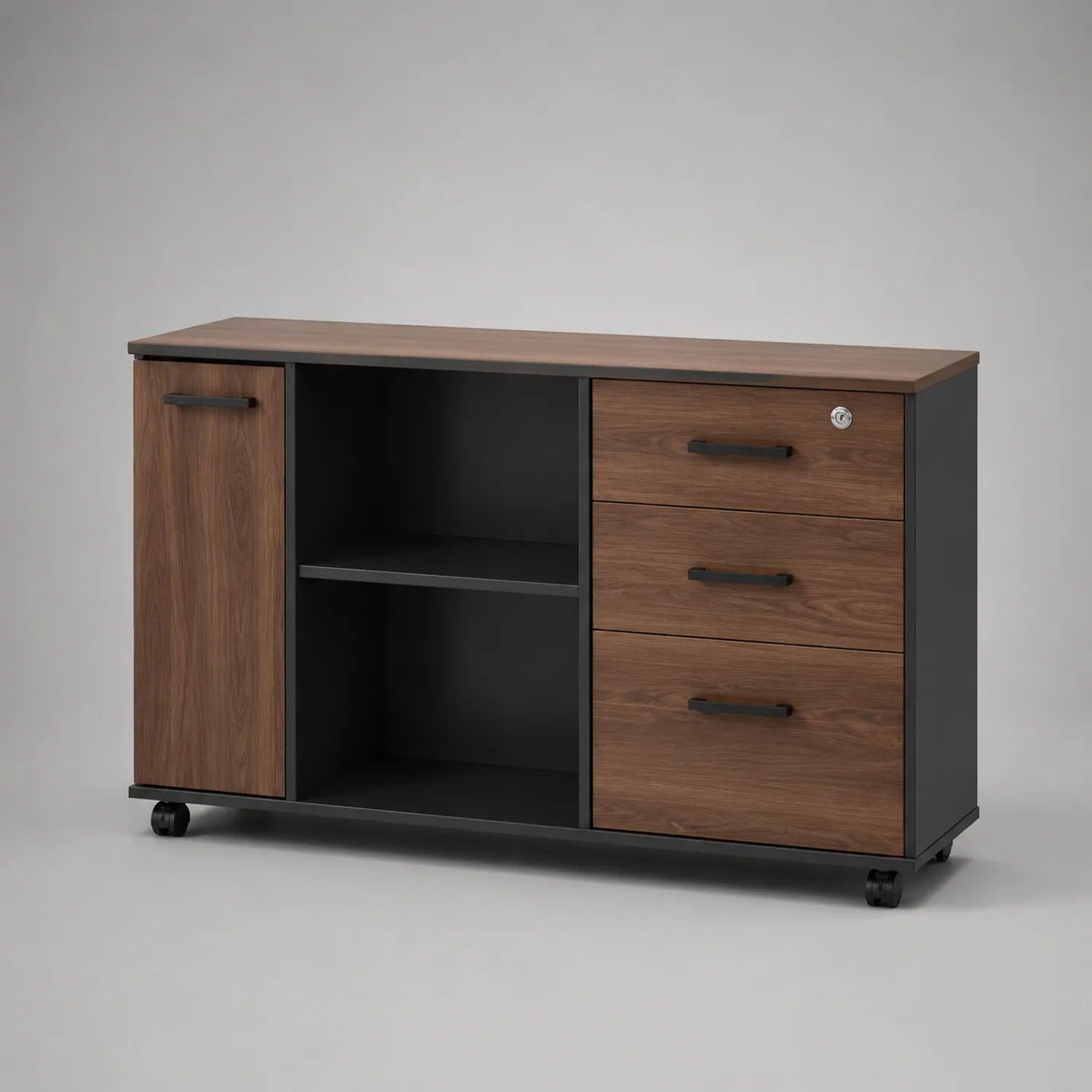Aktenschrank MDF Walnuss Furnier mit Rollen Schwarz 120x40x75cm
