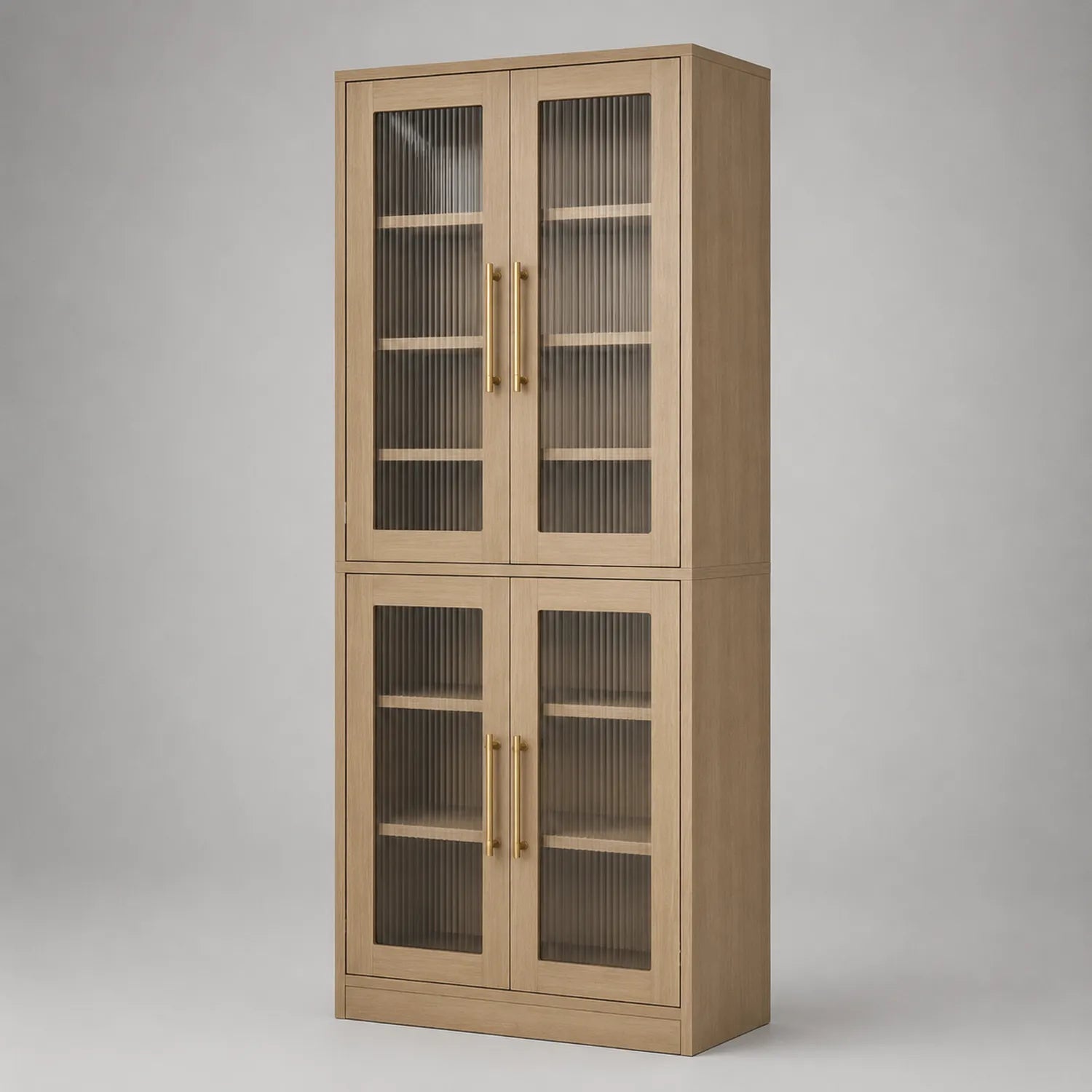 Holz Bücherregal mit Riffelglastüren und goldenen Griffen