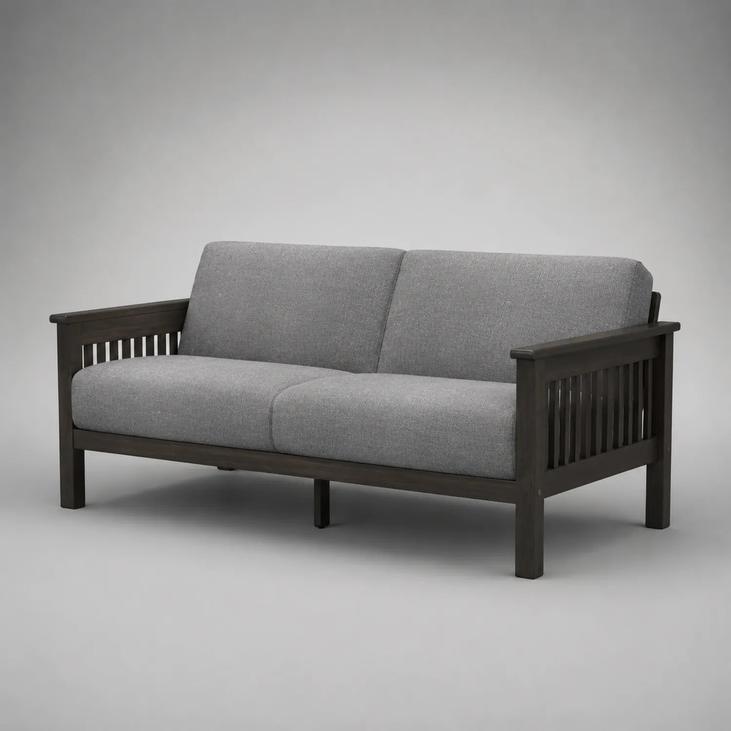 Holzsofa 2-Sitzer mit grauem Polyesterbezug