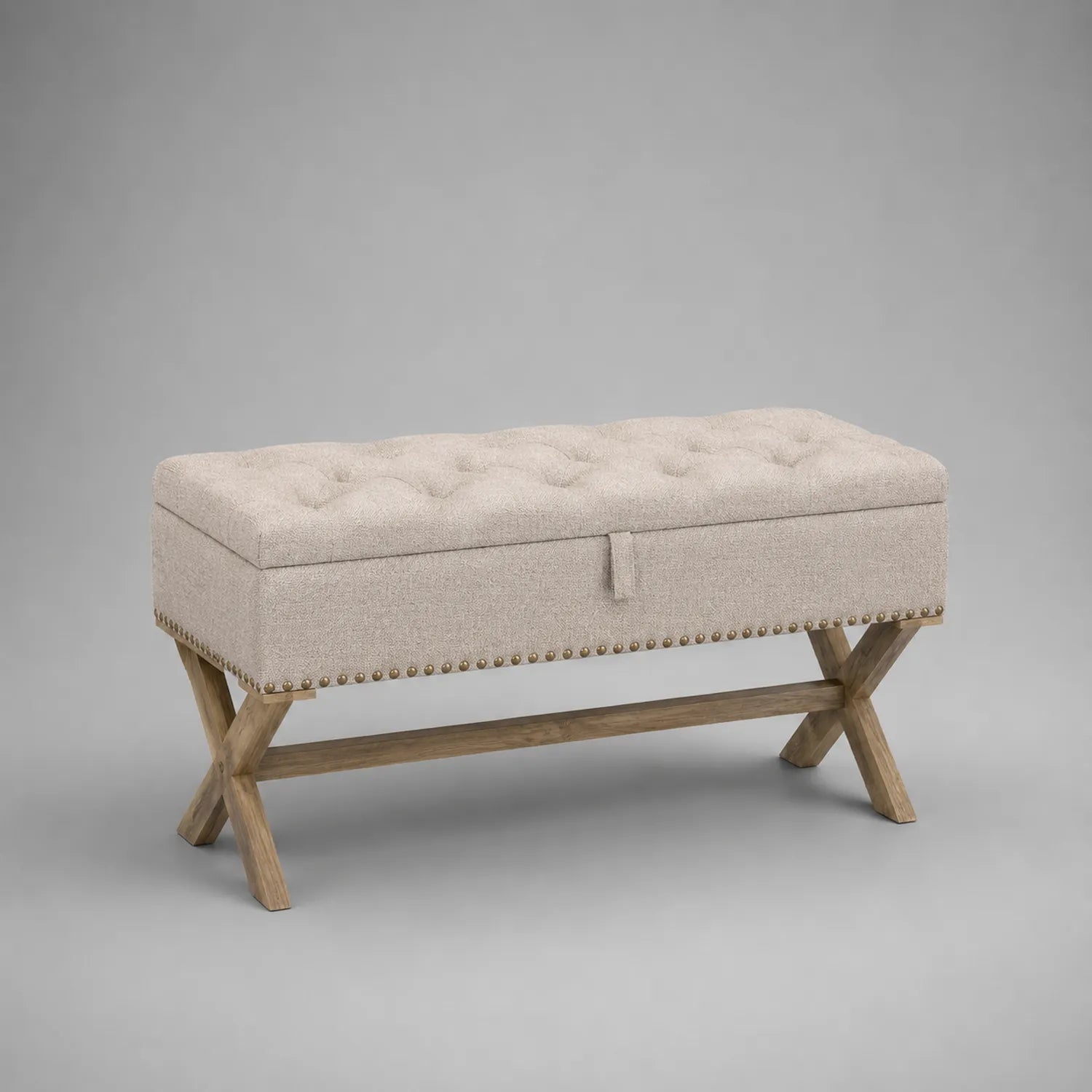 Sitzbank mit Stauraum Leinenstoff Massivholz Beige