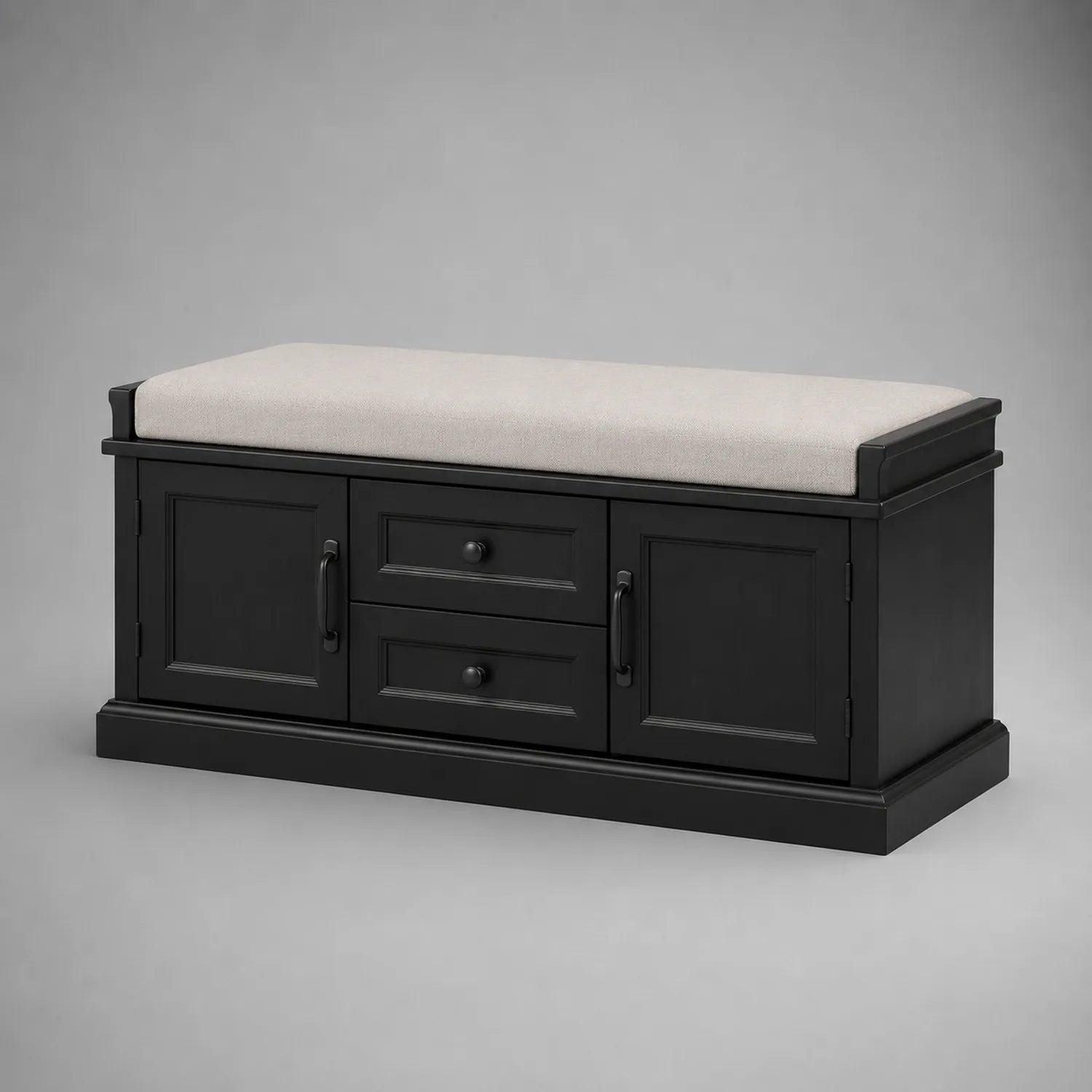 Holz Flurbank mit Stauraum und Polyester Kissen, Schwarz und Beige, 100cm